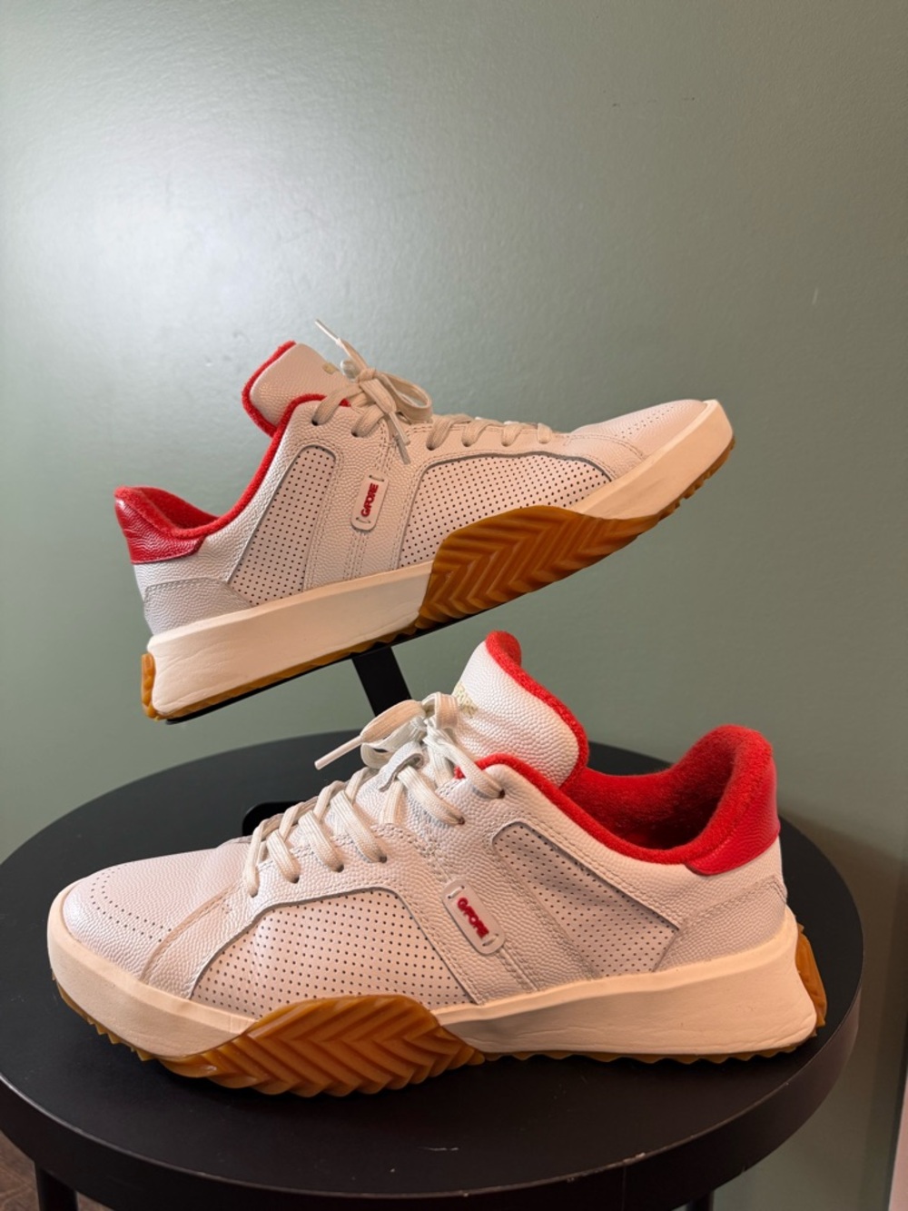 White Sneakers with Red Interior and Gum Sole